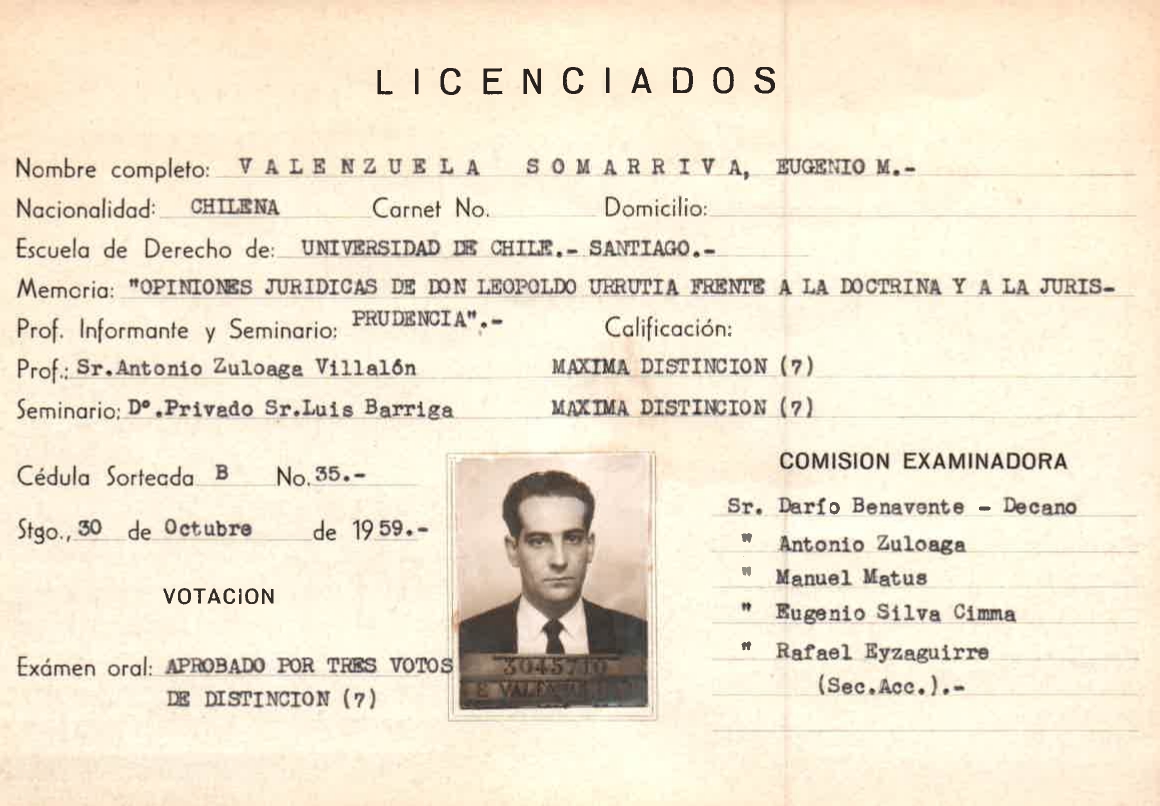 Ficha de licenciado, del egresado Eugenio Valenzuela Somarriva.