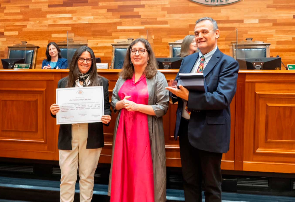 (De izquierda a derecha) En representación de Camilo Cornejo, recibió el premio Carolina Vergara, junto a la presidenta del TC, Daniela Marzi, y el Ministro Héctor Mery. 